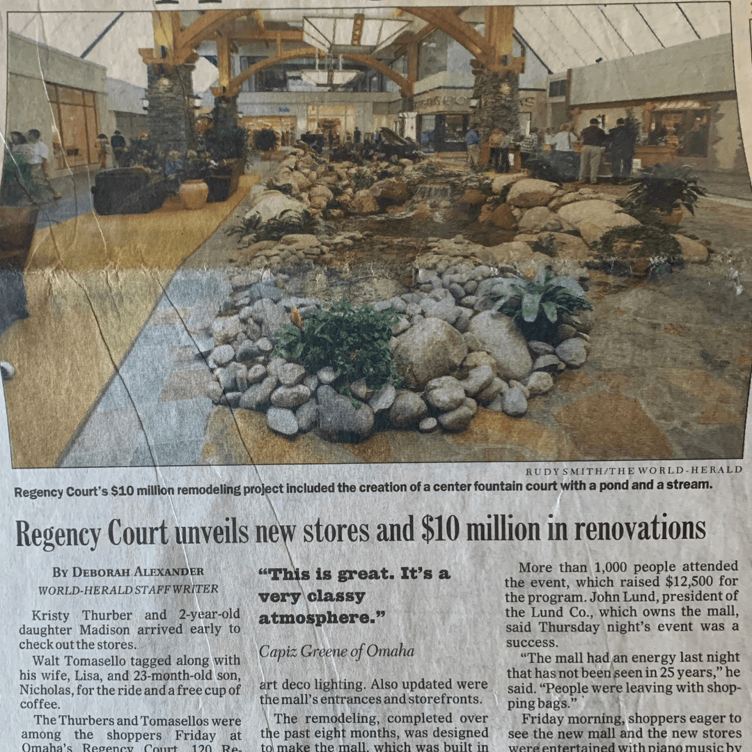 Omaha World-Herald clipping covering the Regency Court renovation, featuring landscaping work by Pat's Irish Green