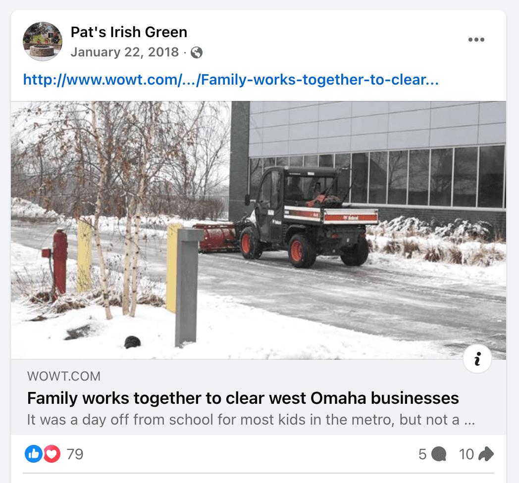 WOWT Omaha news feature on Pat's Irish Green helping clear snow for west Omaha businesses